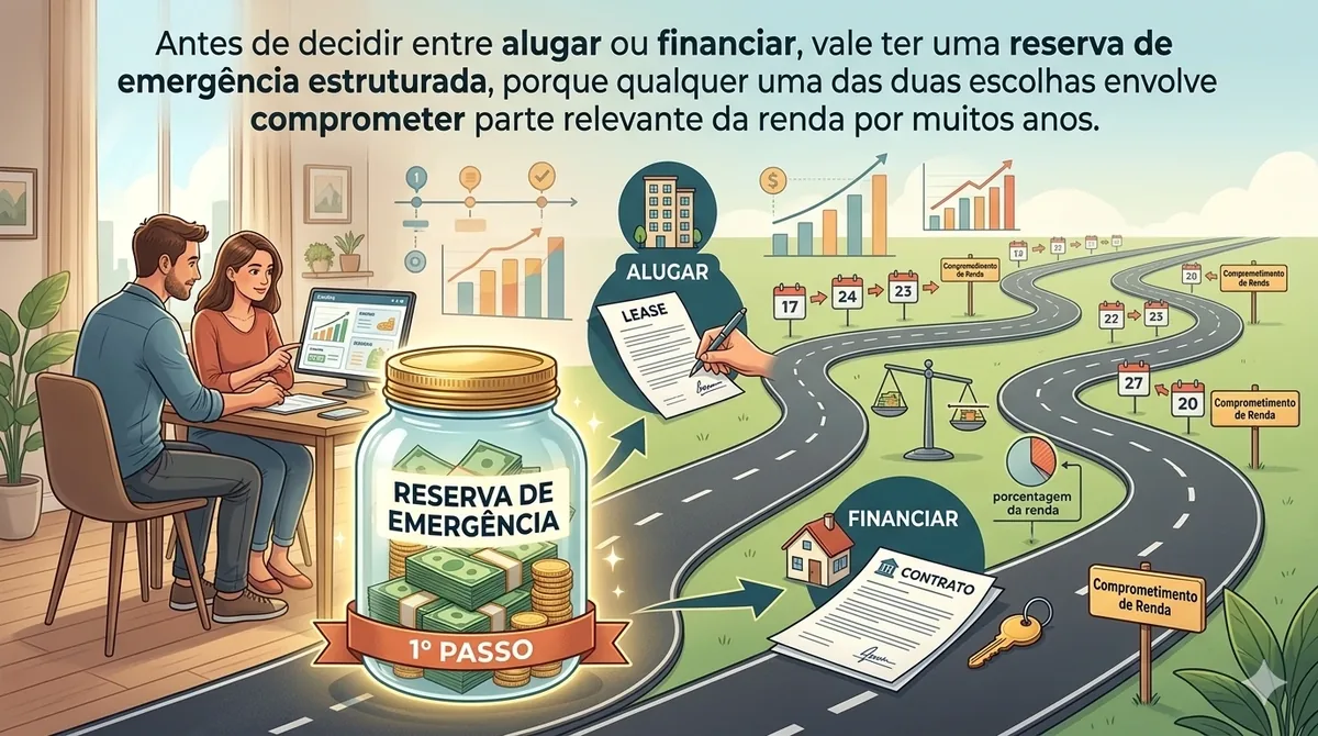 Comparativo visual entre financiar um imóvel e alugar investindo a diferença mensalmente