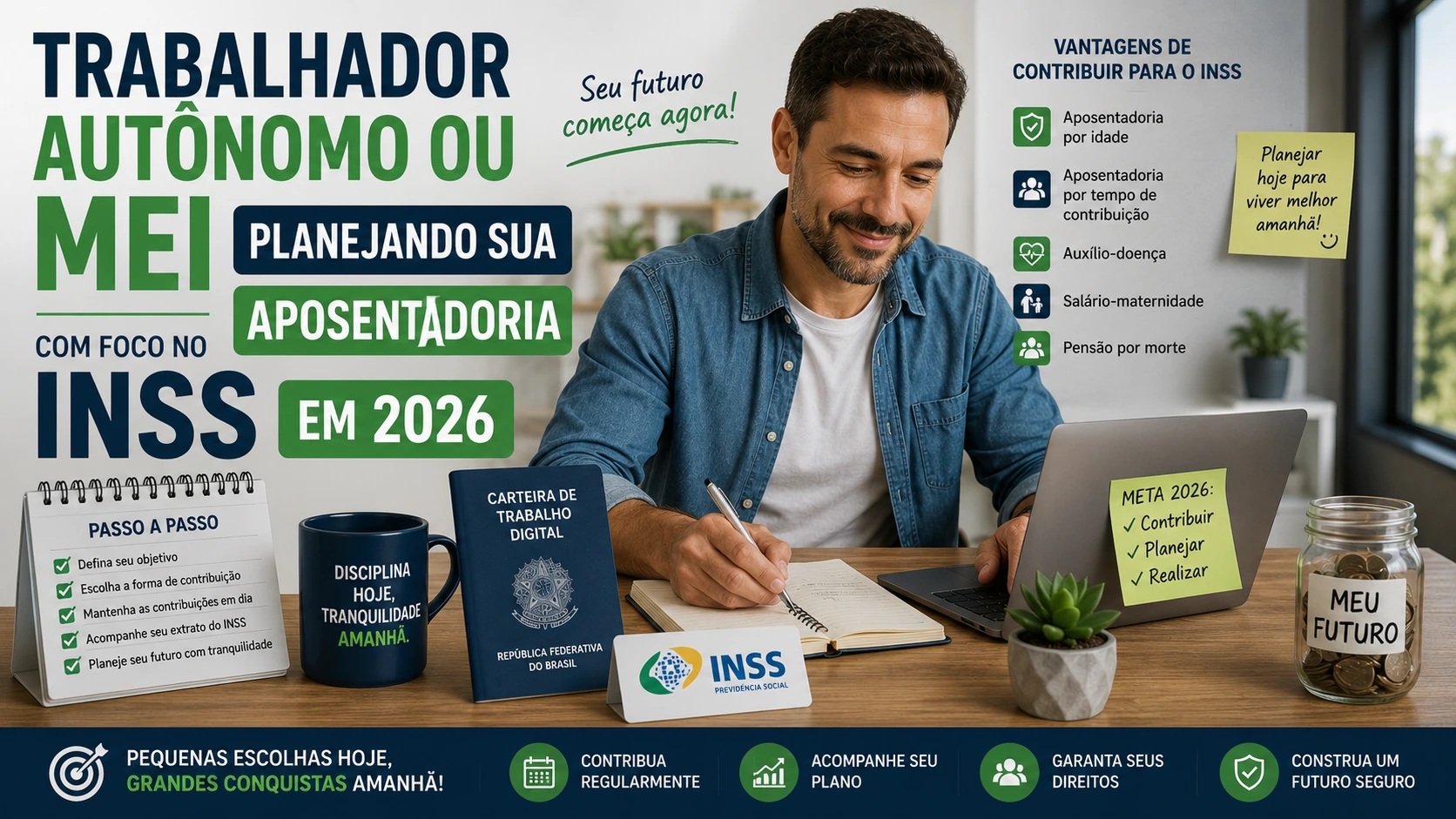 Autônomo ou MEI verificando extrato de contribuições no aplicativo Meu INSS para planejar aposentadoria
