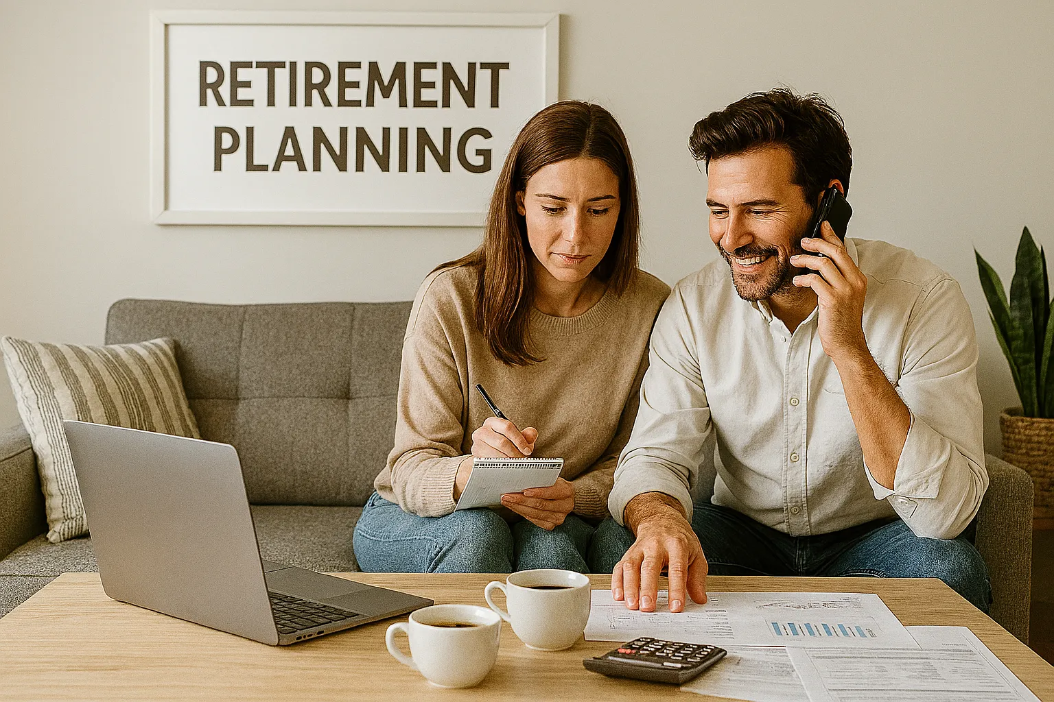 Casal planejando aposentadoria com laptop e café