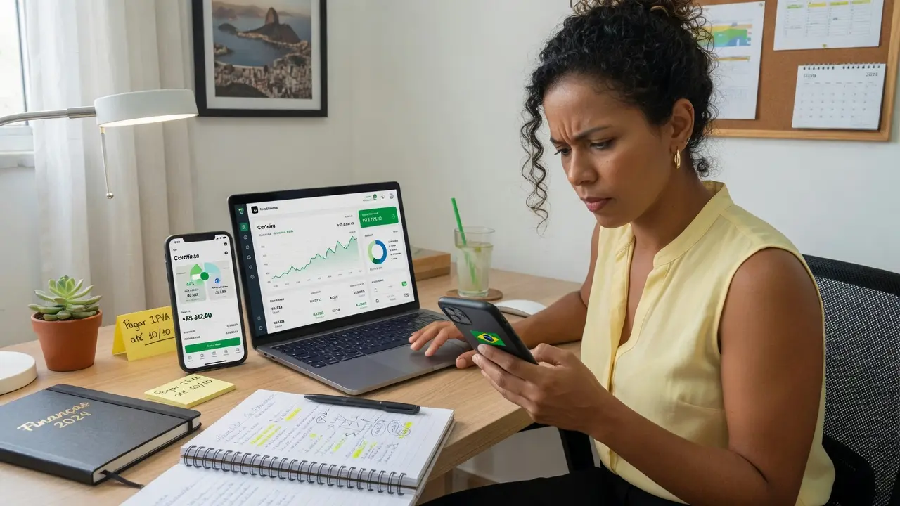 Tela de acompanhamento financeiro em ambiente limpo e organizado