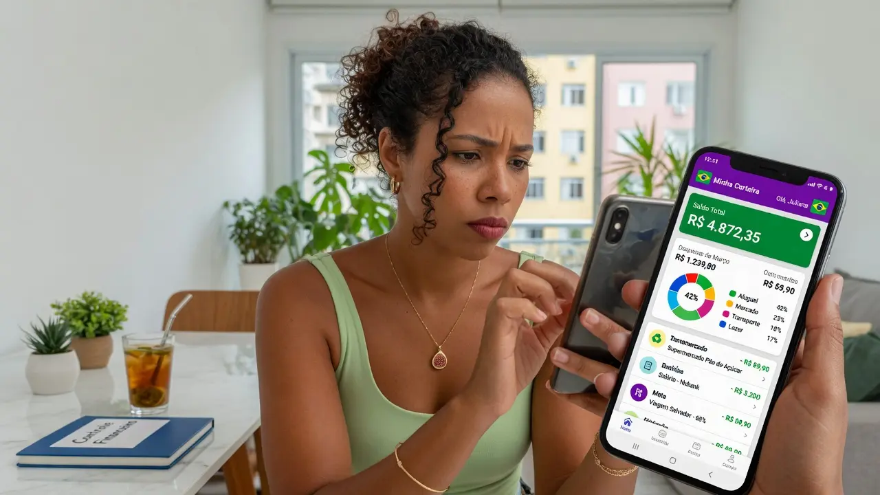 Pessoa usando aplicativo simples para controlar gastos no celular