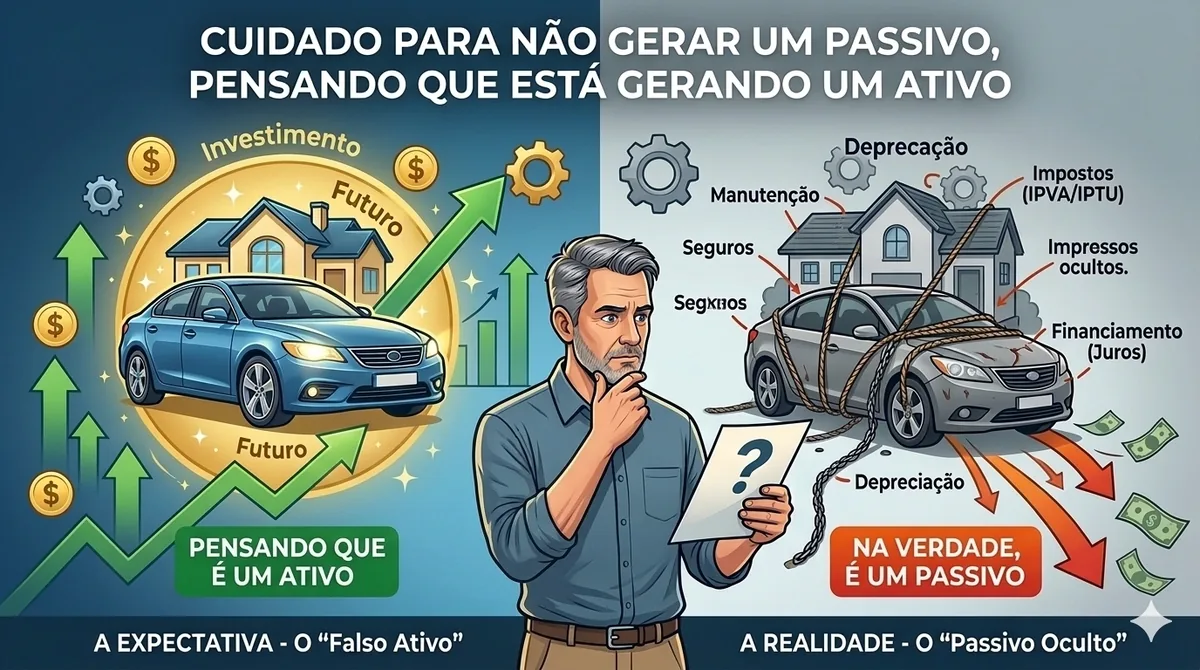 Comparação visual entre exemplos de ativos que geram renda e passivos que geram despesa