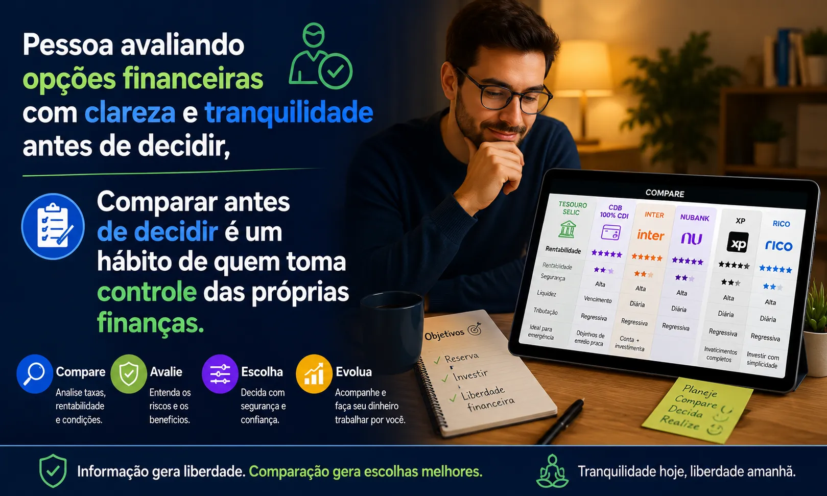 Pessoa avaliando opções financeiras com clareza e tranquilidade antes de decidir