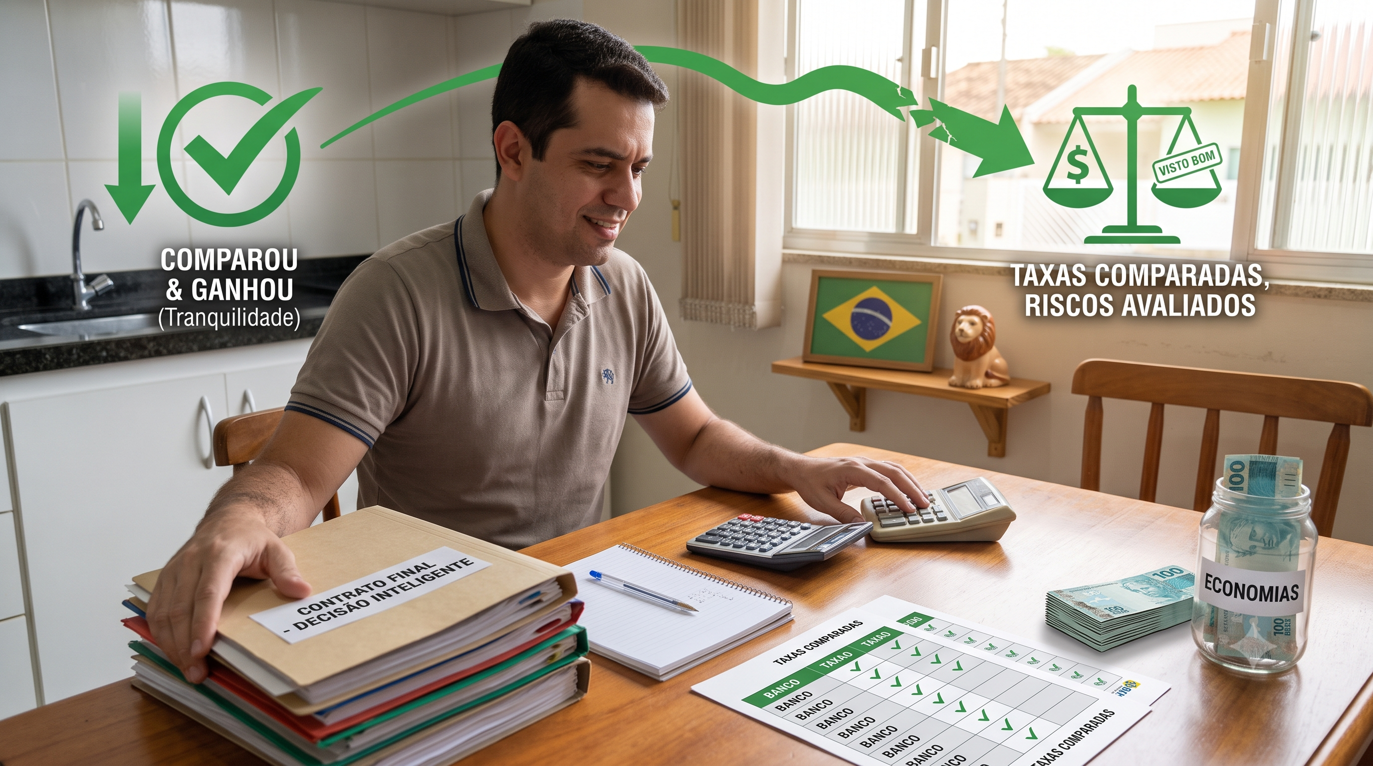 Trabalhador tranquilo após comparar propostas de consignado privado com cuidado