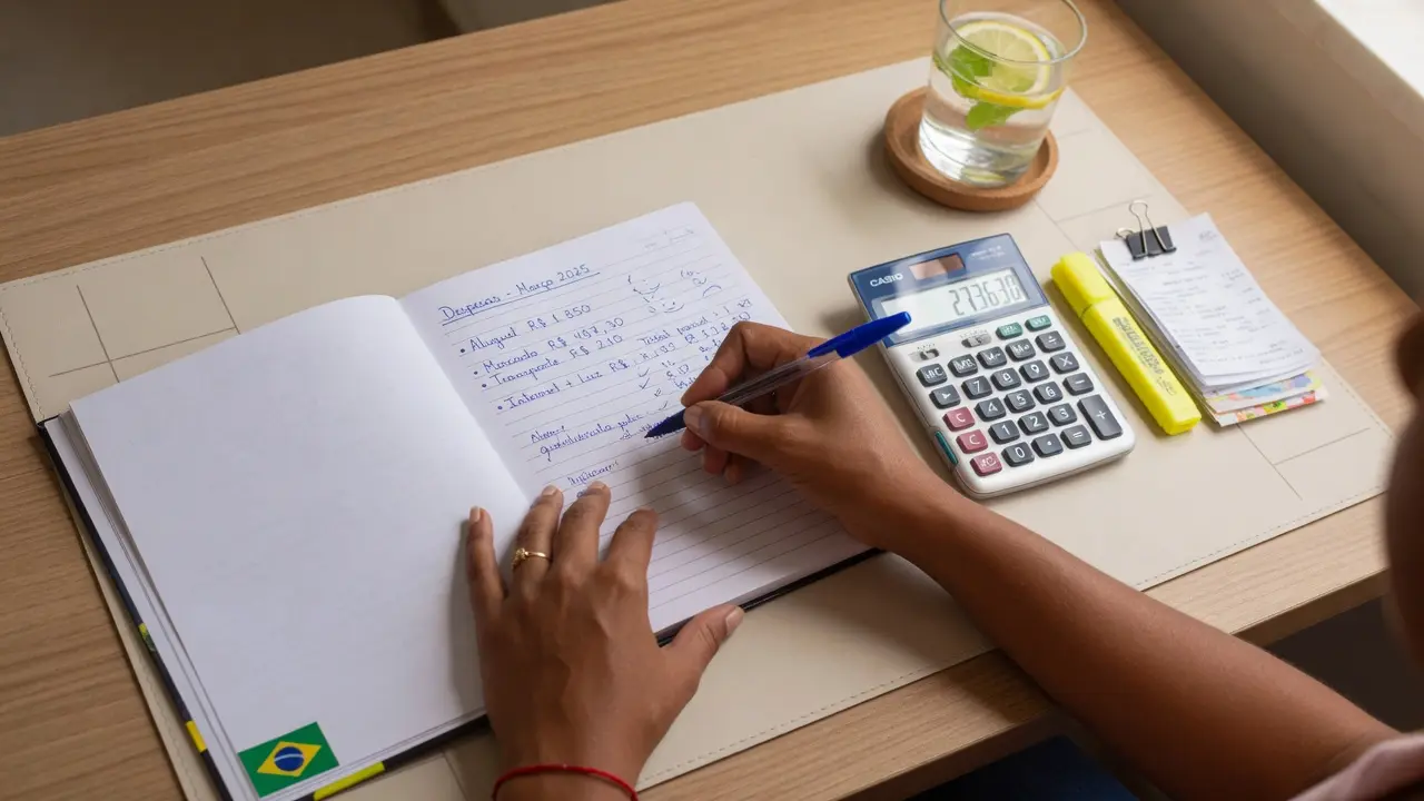 Lista de gastos e calculadora sobre mesa organizada