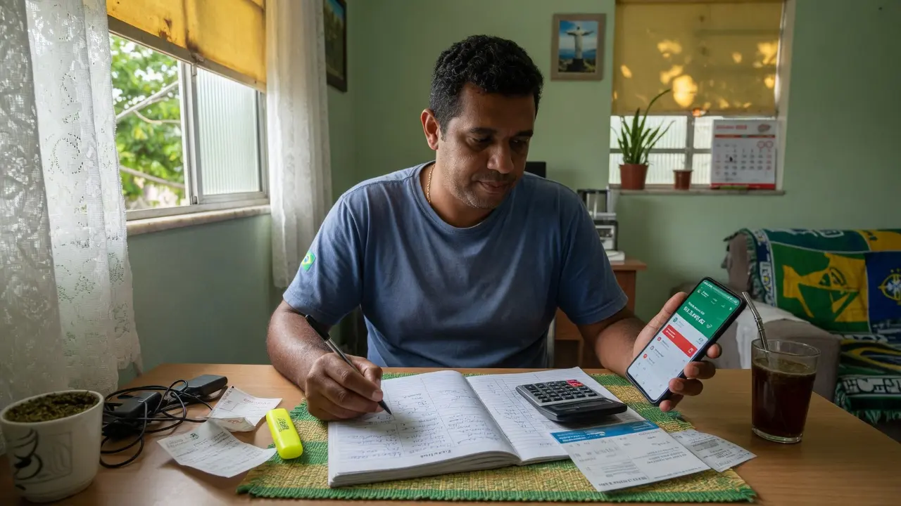 Pessoa organizando finanças pessoais com celular e caderno em ambiente calmo