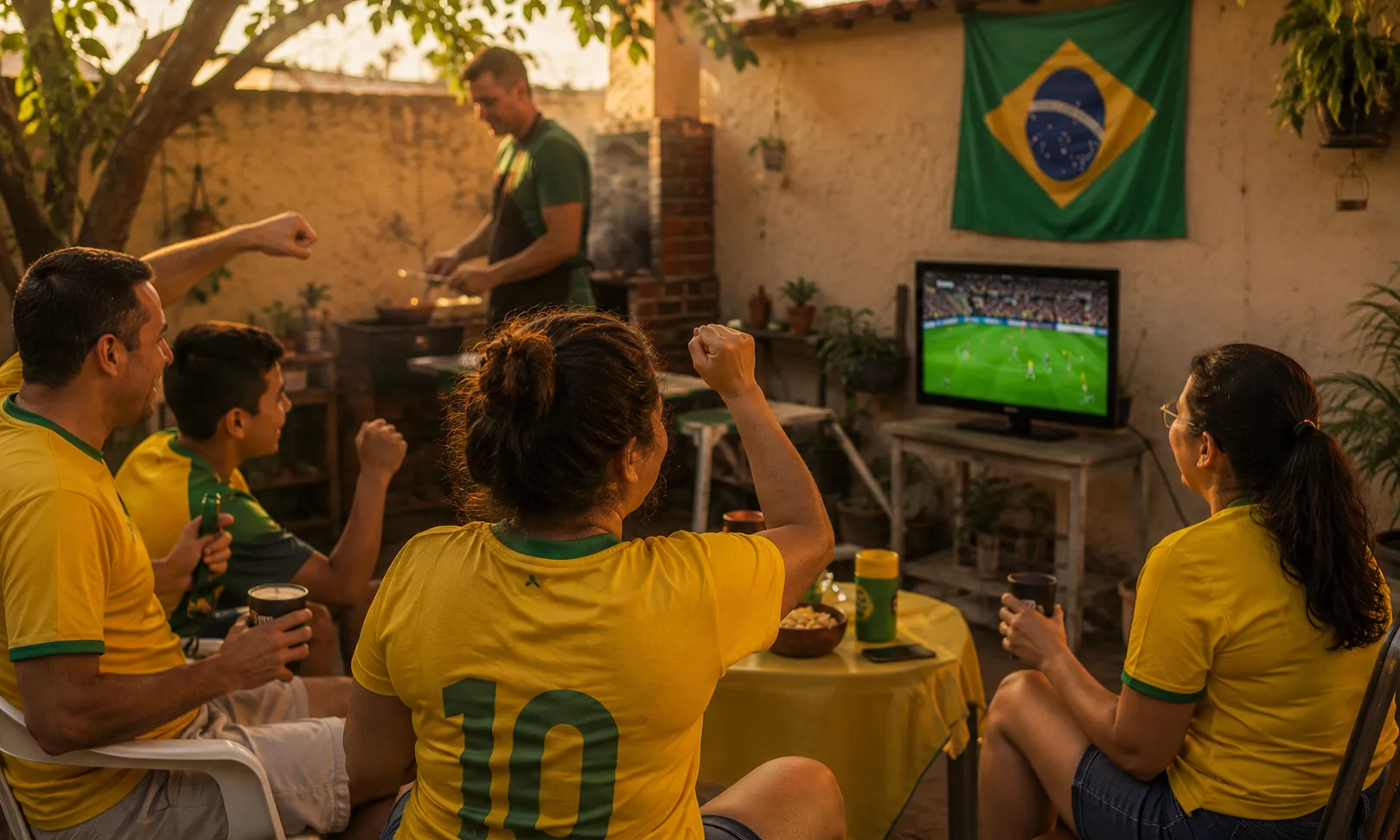 Família e amigos reunidos assistindo à Copa do Mundo em casa de forma econômica