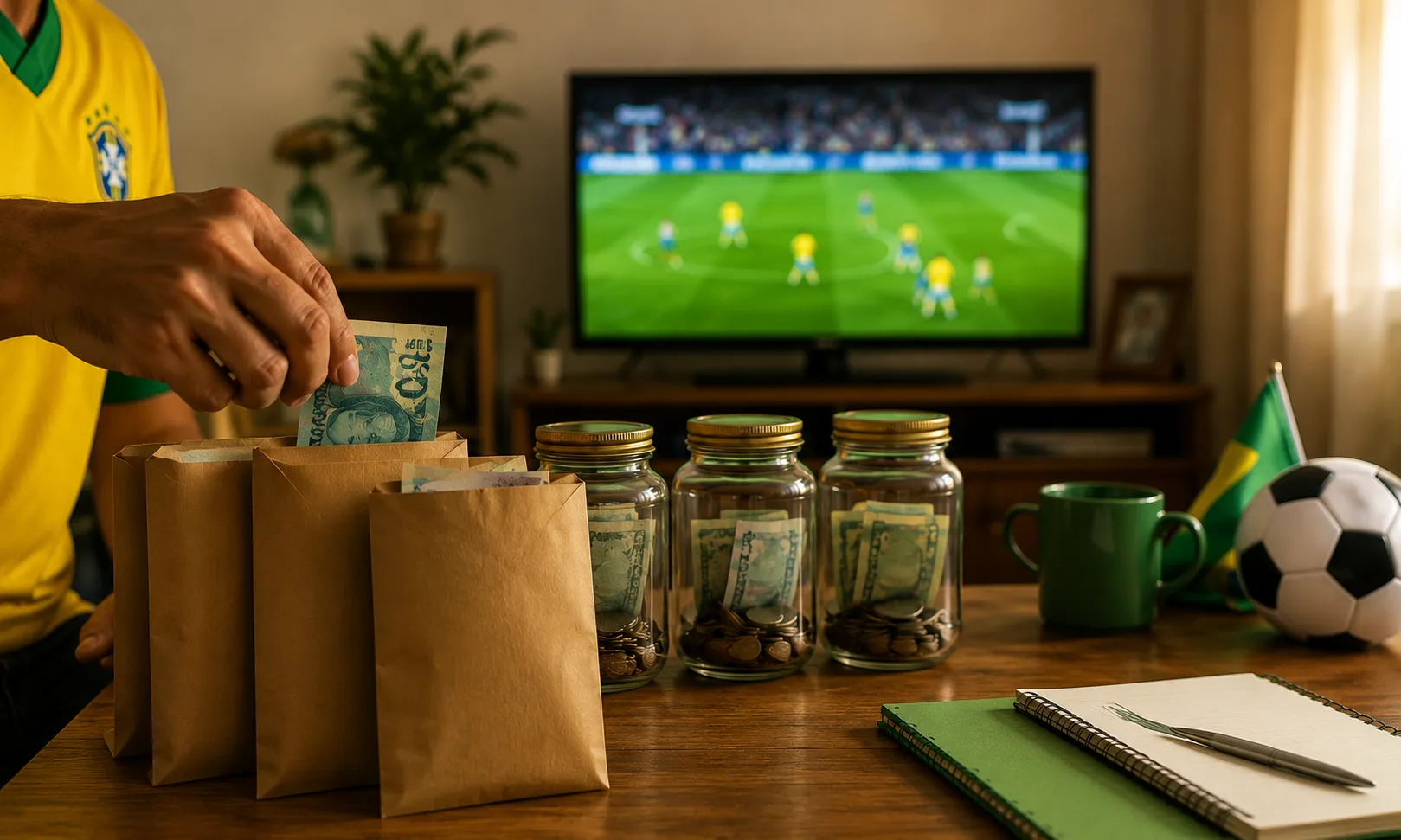 Torcedor brasileiro planejando o orçamento de viagem para acompanhar a Copa do Mundo