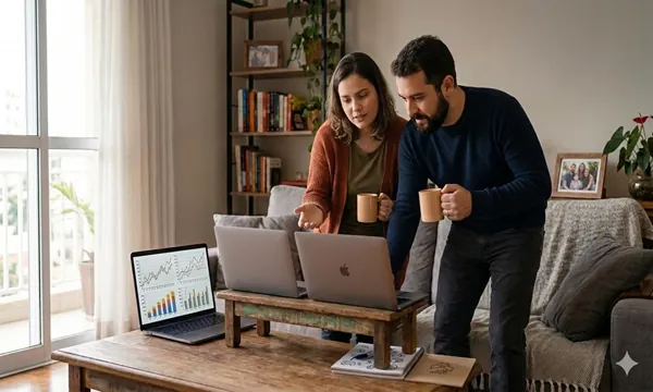 Casal conversando sobre finanças com planejamento e respeito
