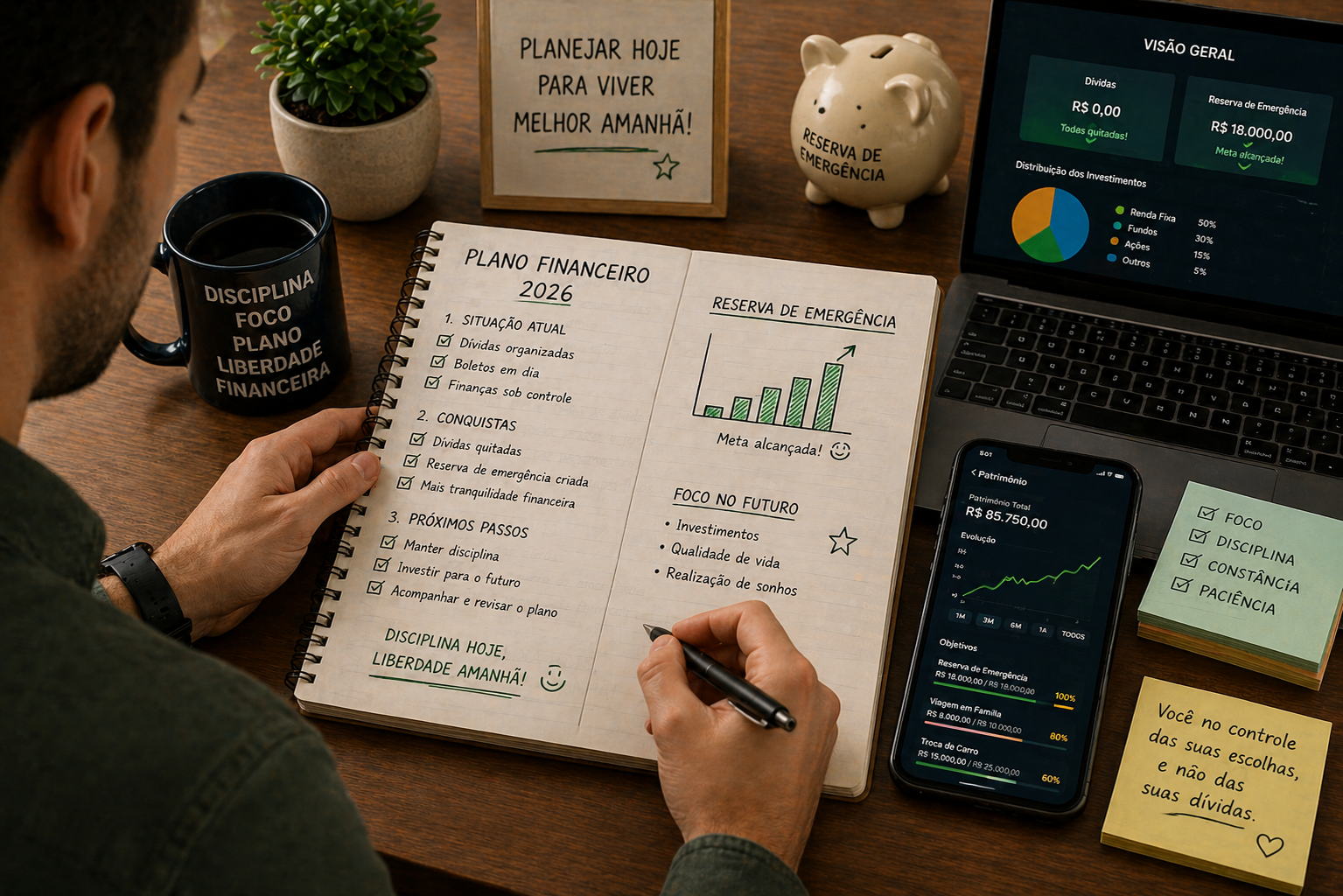 Pessoa revisando planejamento financeiro após organizar dívidas e criar uma reserva de emergência