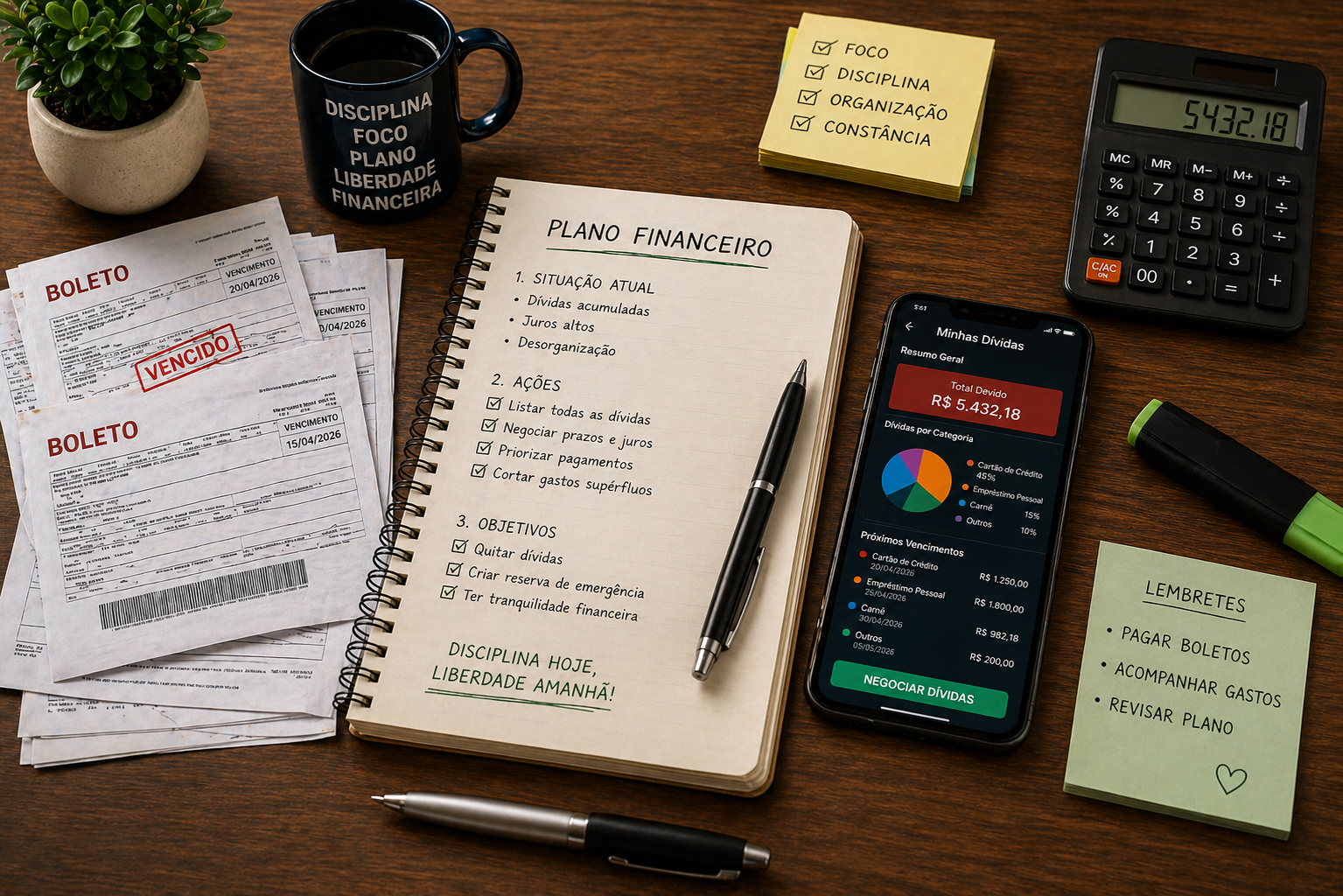 Mesa com boletos, caderno financeiro e celular mostrando organização de dívidas