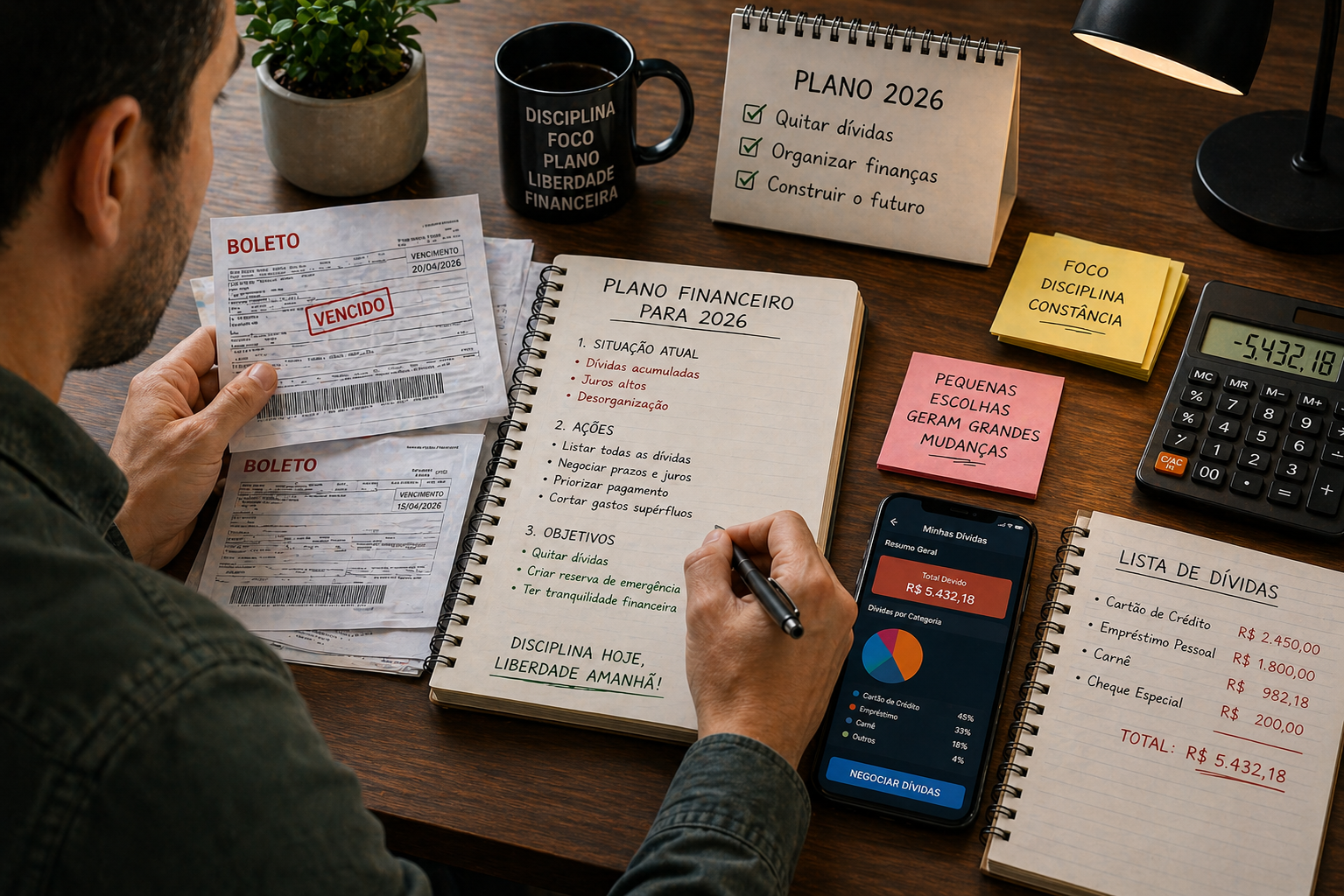 Pessoa analisando dívidas, boletos e planejamento financeiro para se reorganizar em 2026