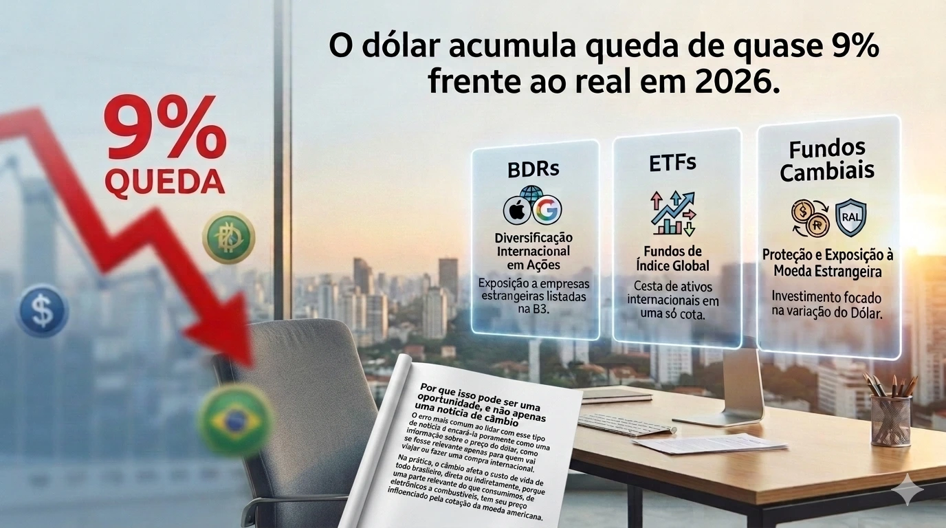 Pessoa analisando gráfico de cotação do dólar e opções de investimento no exterior