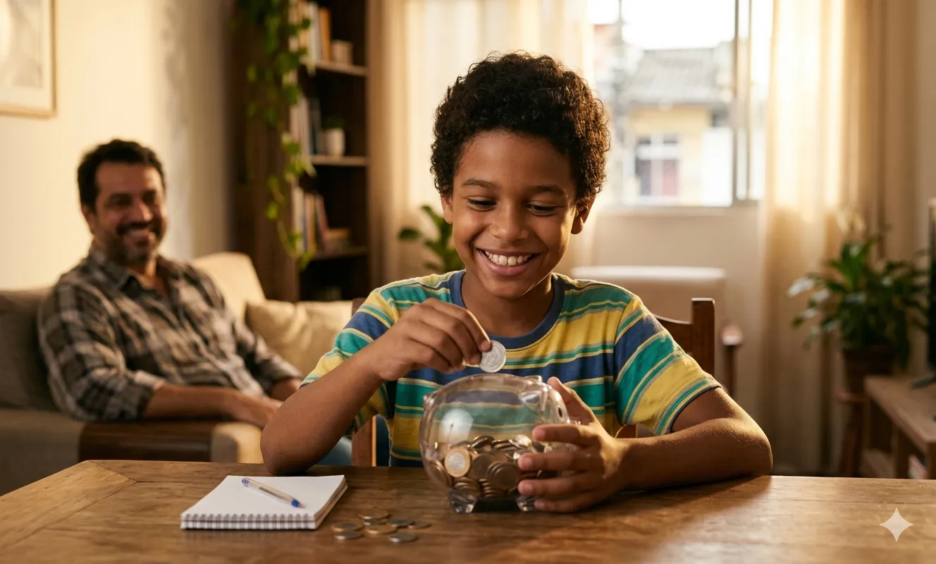 Criança feliz guardando dinheiro em um cofrinho com apoio dos pais