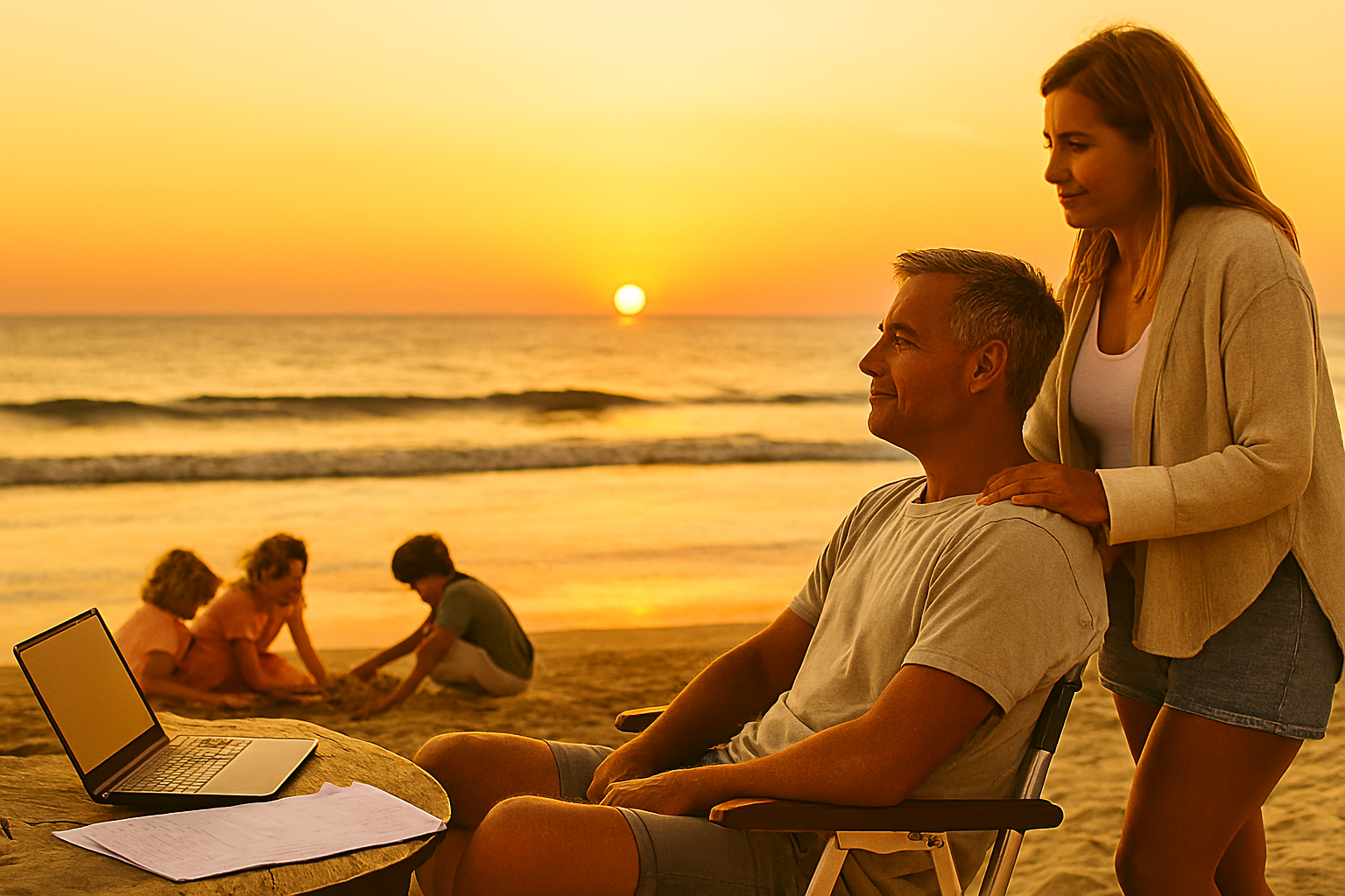 Familia relaxando e trantando as finanças e planejando aposentadoria