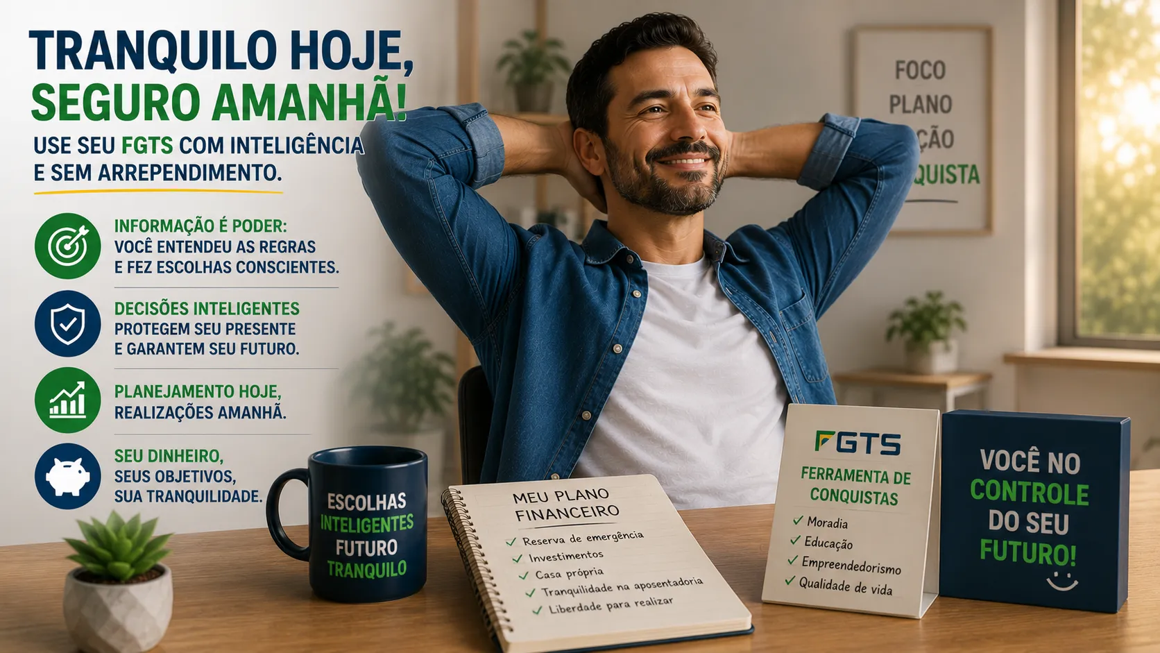 Trabalhador tranquilo após entender como usar o FGTS com inteligência e sem arrependimento