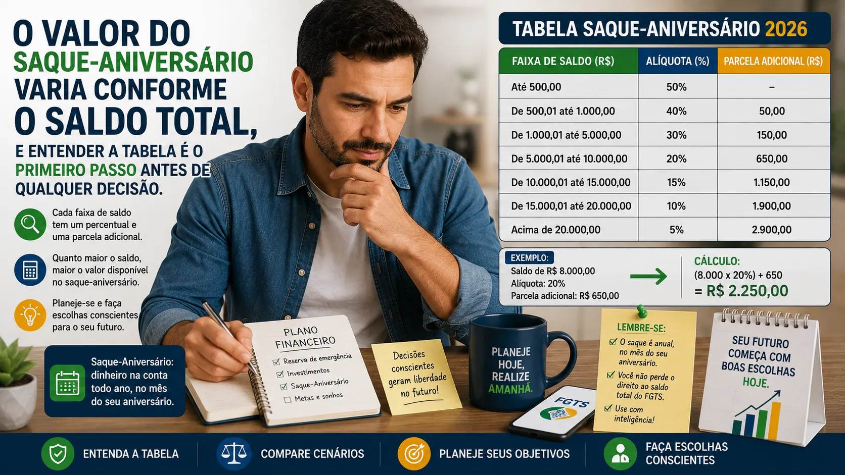 Trabalhador calculando quanto pode sacar do FGTS com base na tabela de alíquotas
