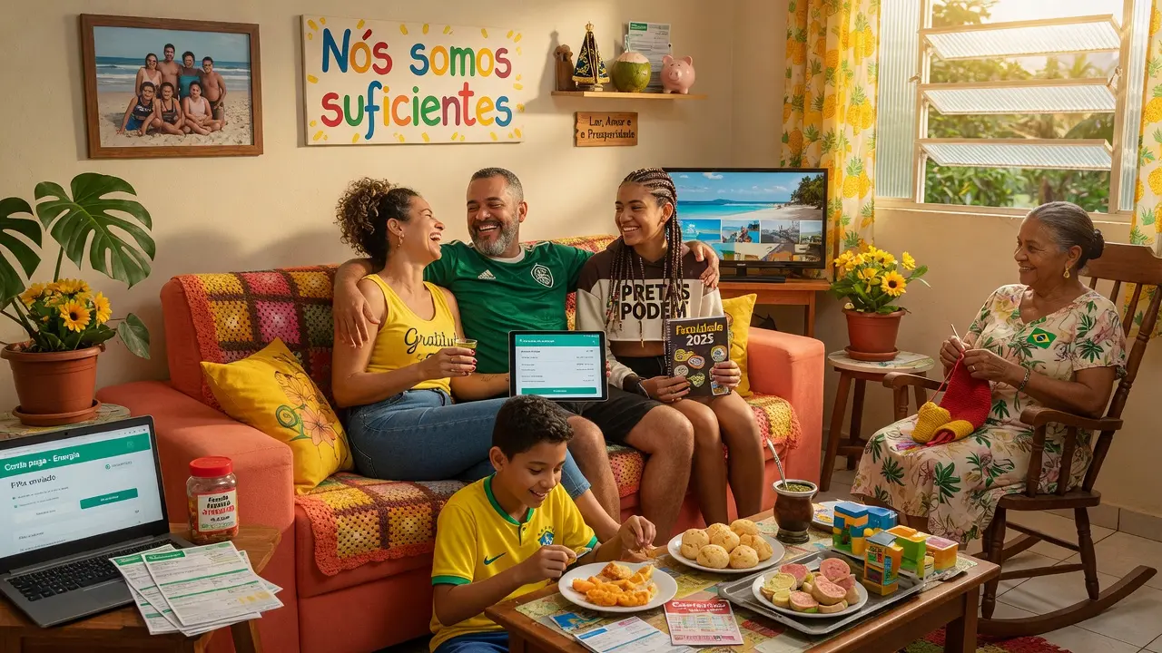 Família tranquila em casa com sensação de segurança financeira