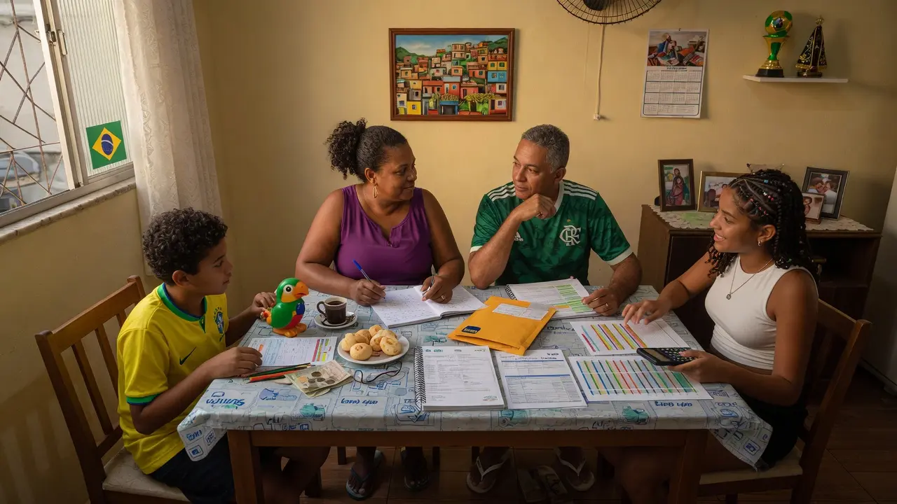 Família conversando sobre finanças em casa com tranquilidade