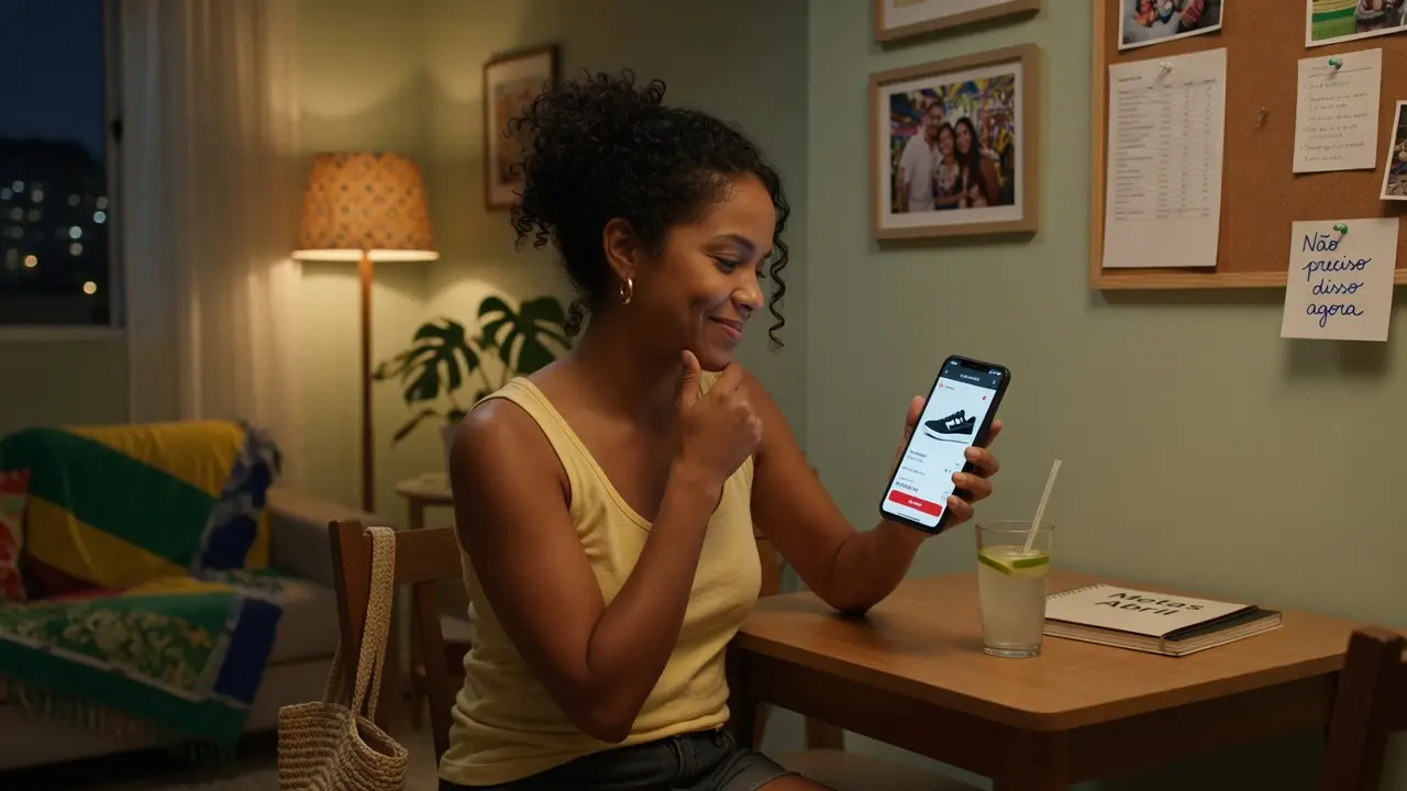 Pessoa satisfeita por evitar compra impulsiva