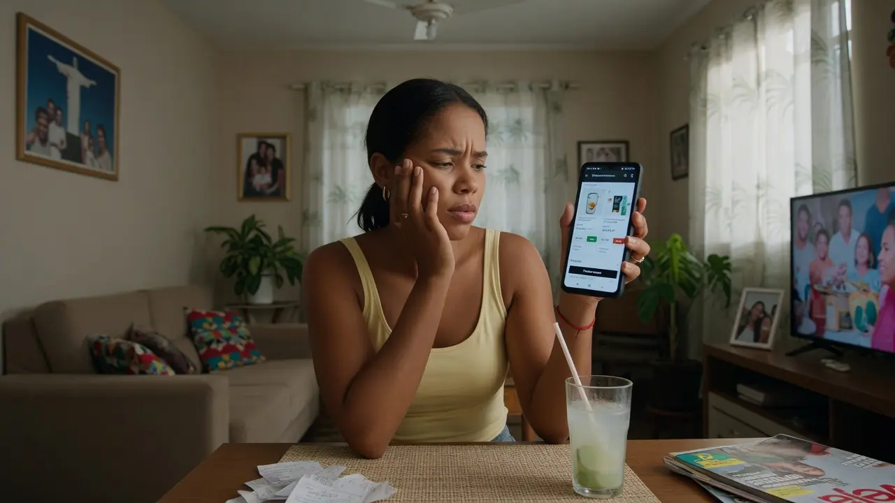 Pessoa refletindo antes de concluir uma compra