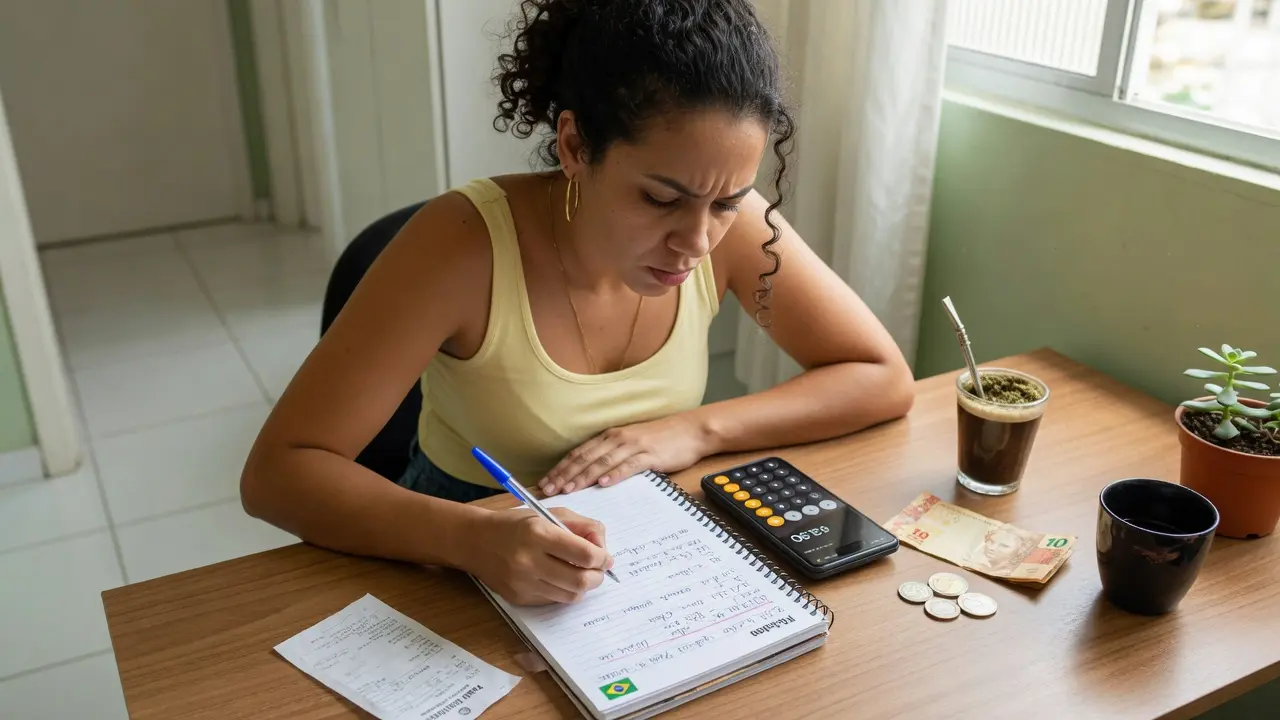 Pequenas despesas do dia a dia acumuladas em mesa organizada