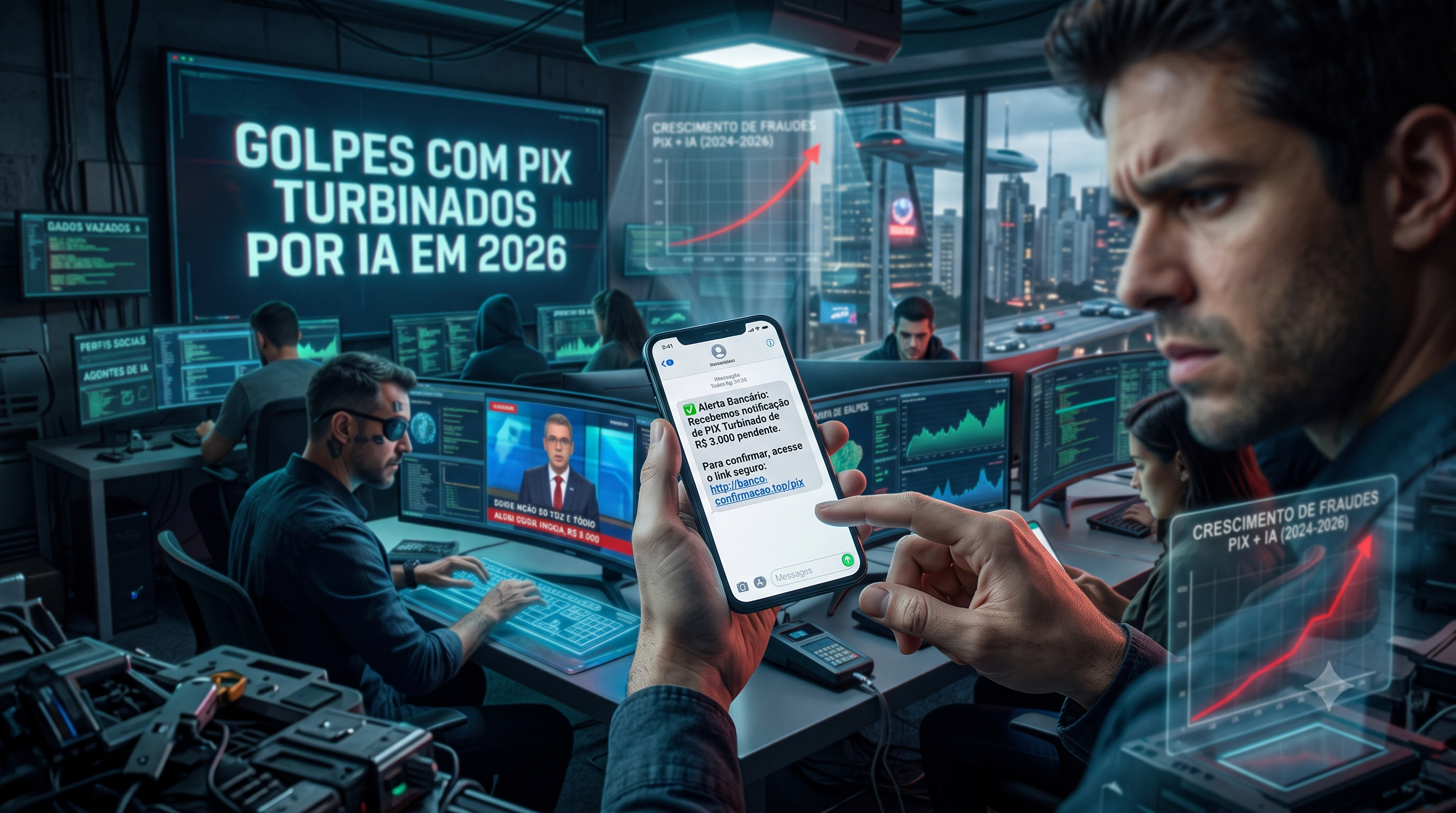 Pessoa verificando uma mensagem suspeita no celular antes de fazer um Pix
