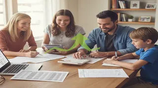 Membros de uma família sentados na mesa, olhando um caderno de anotações