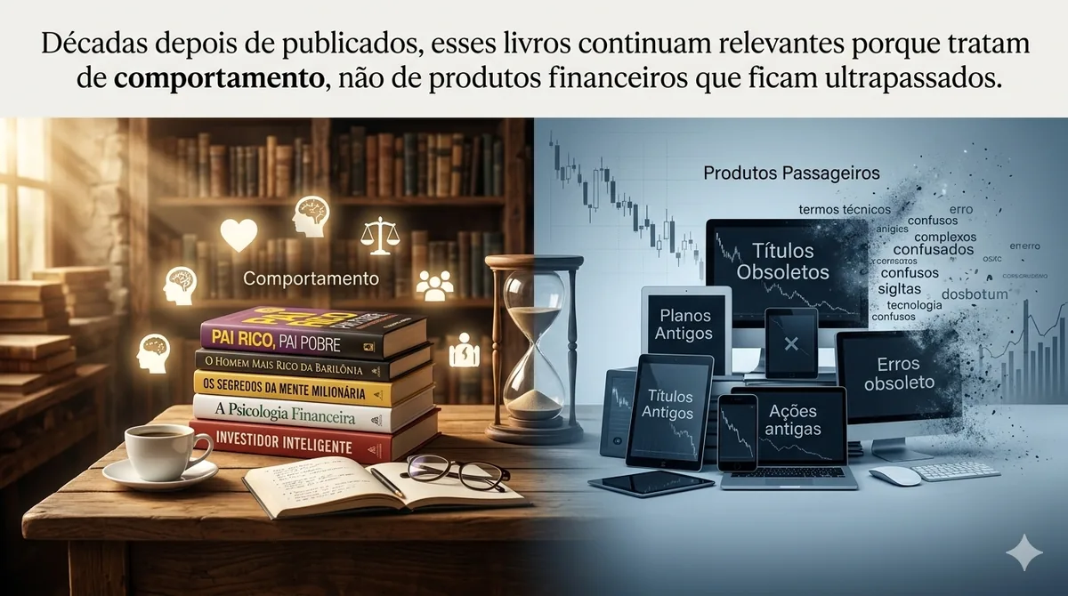 Estante com livros clássicos de finanças pessoais e desenvolvimento pessoal