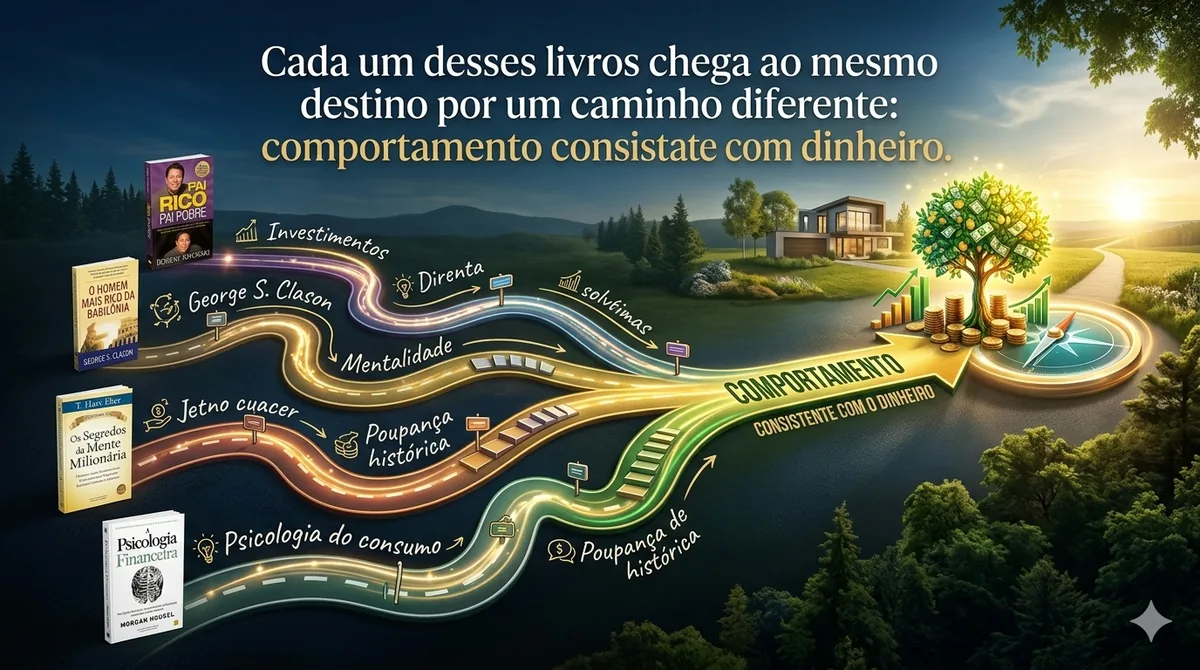 Pessoa lendo um livro de finanças pessoais com caderno de anotações ao lado