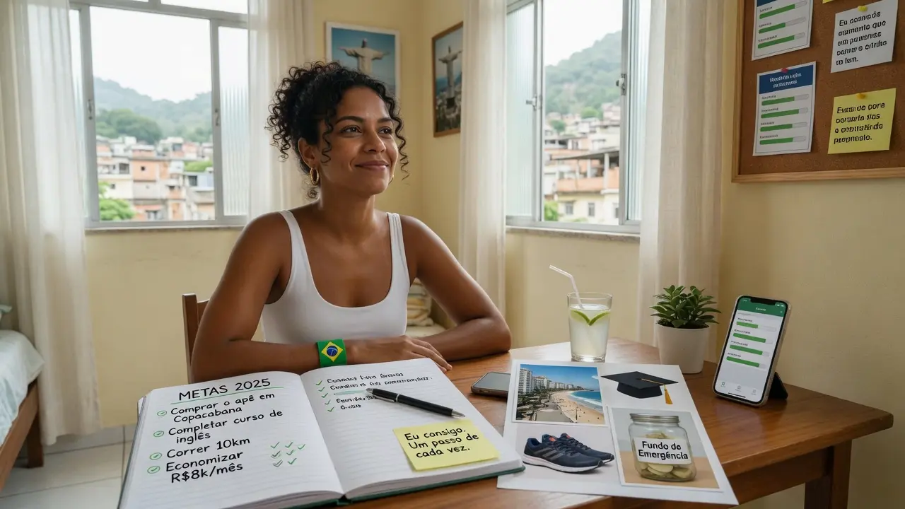 Pessoa confiante ao visualizar objetivos financeiros realizáveis