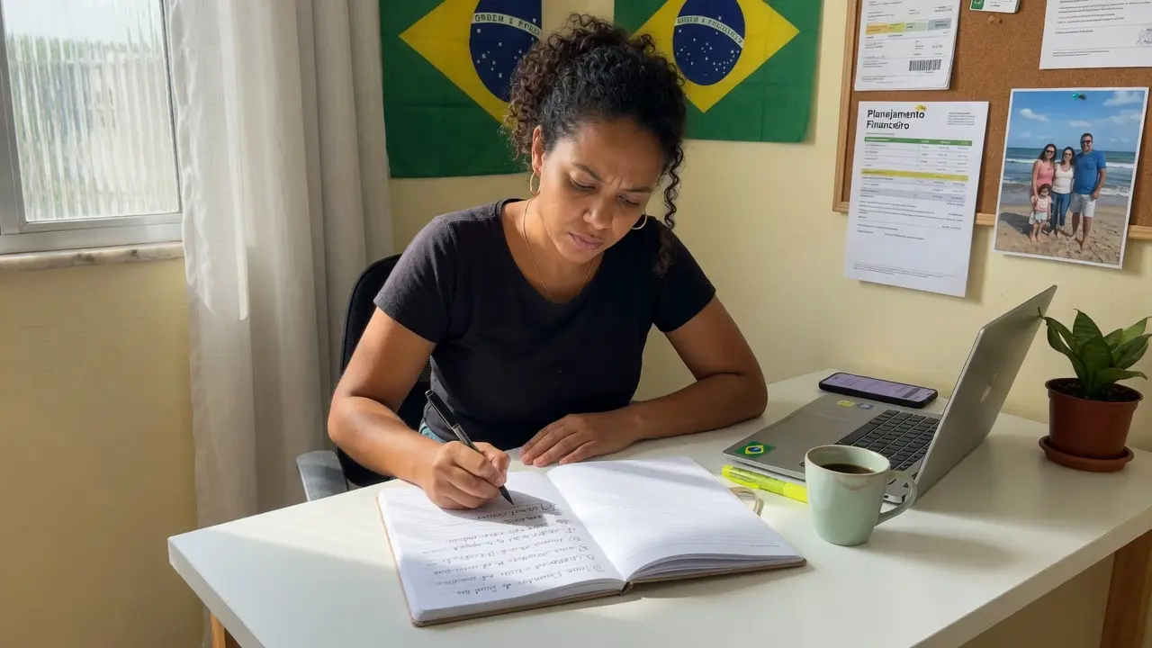 Pessoa definindo metas financeiras em planner com foco e clareza