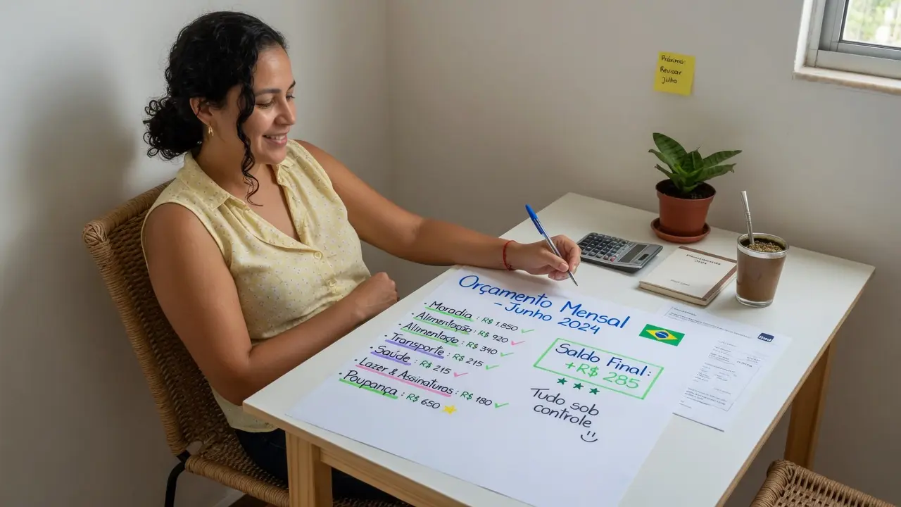 Pessoa satisfeita revisando o orçamento do mês