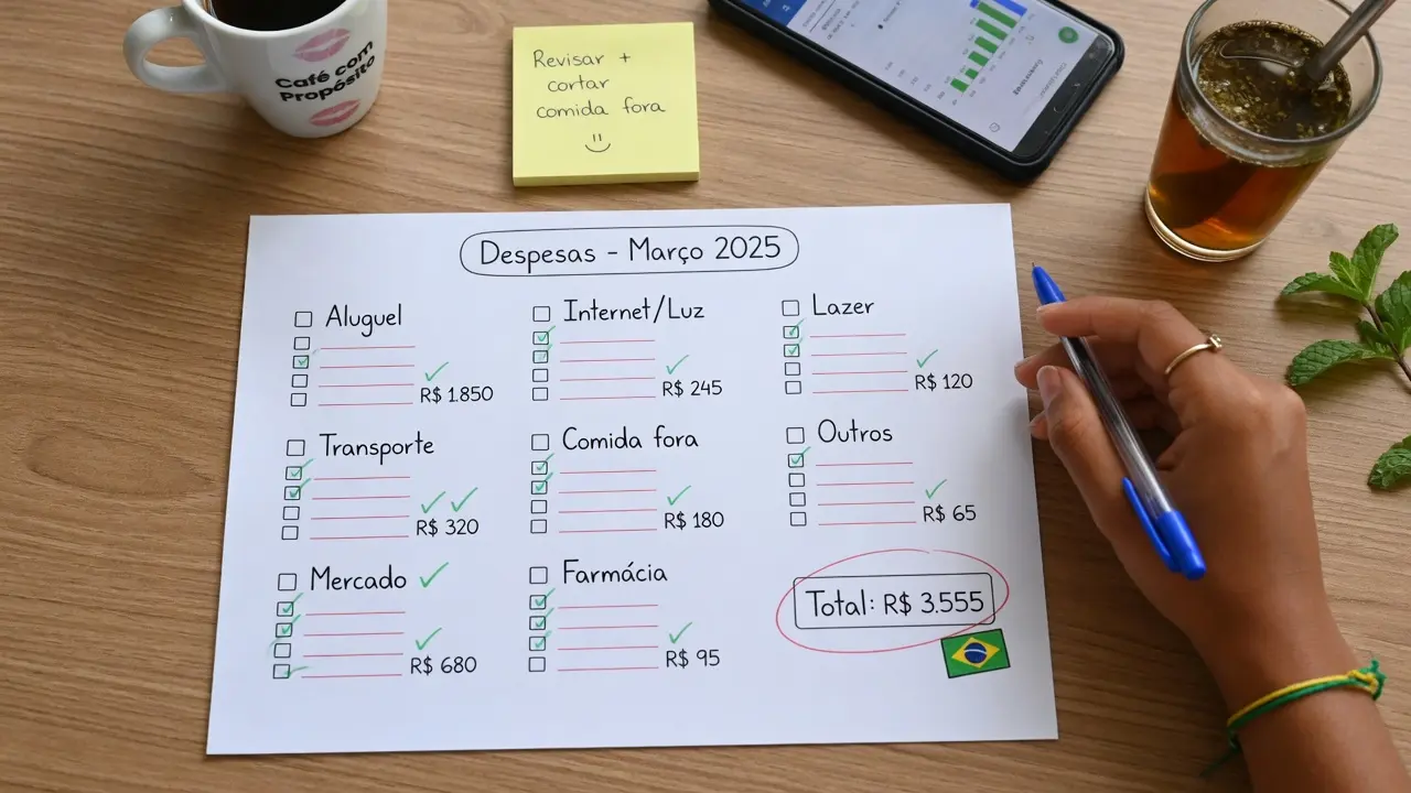 Categorias de orçamento organizadas visualmente em mesa de trabalho