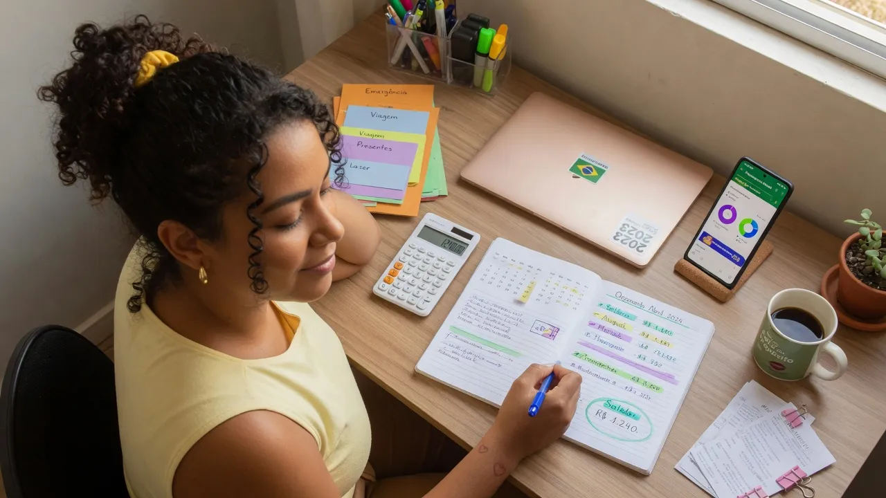 Pessoa planejando orçamento mensal com caderno, calculadora e celular