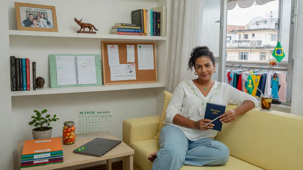 Pessoa relaxada em ambiente organizado após planejar as finanças