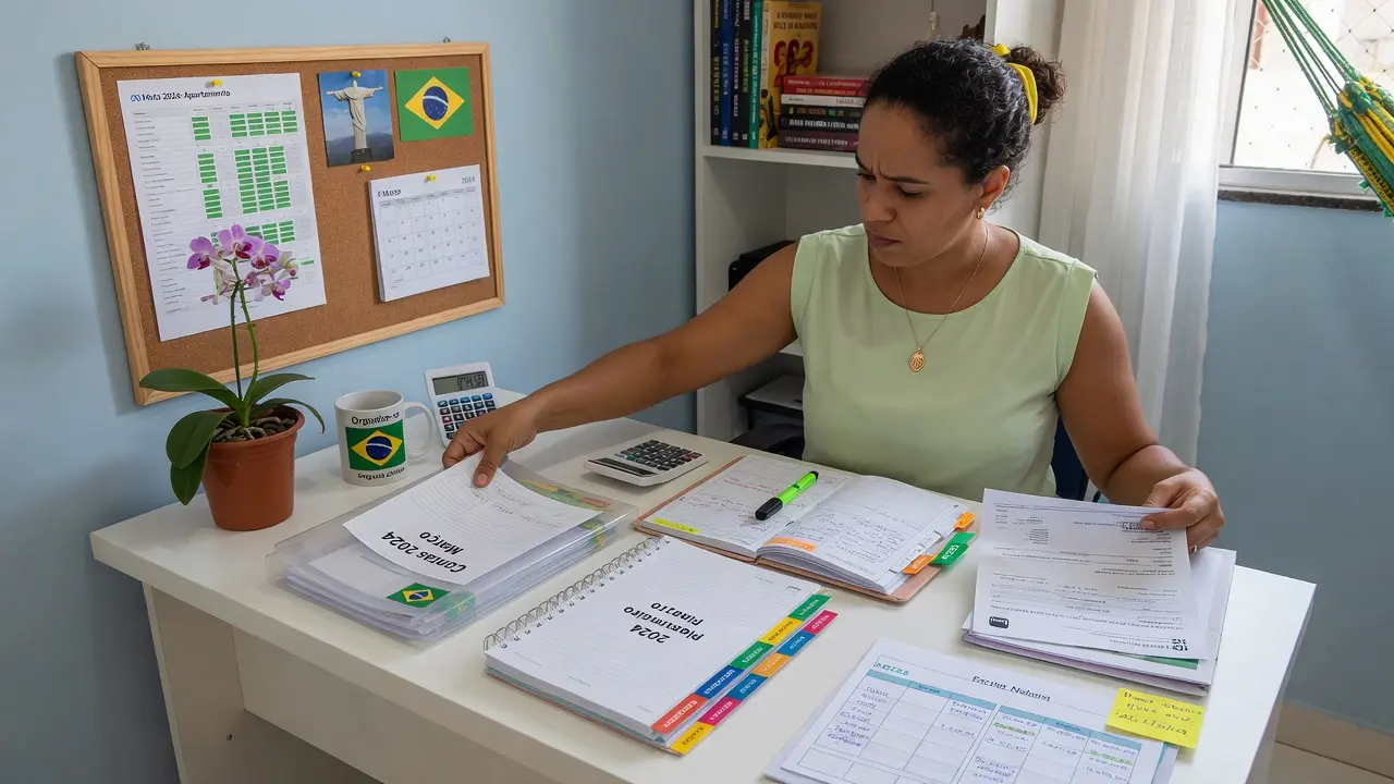 Mesa organizada com notas e plano financeiro simples