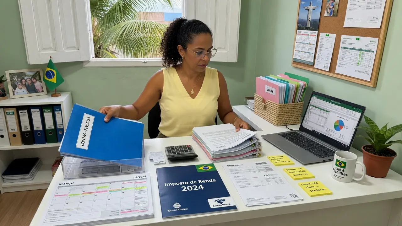 Pessoa organizando documentos e finanças pessoais em casa