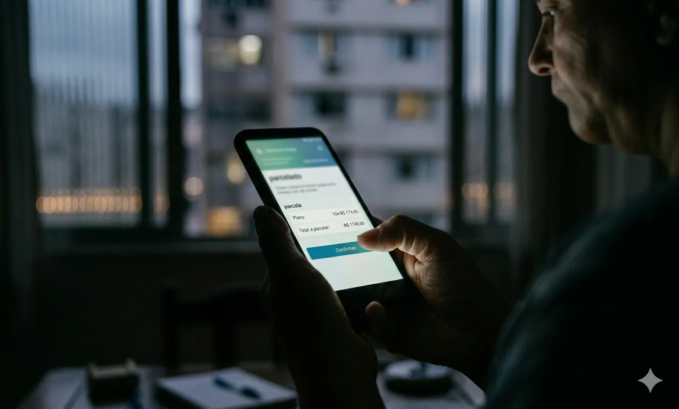 Pessoa fazendo um pagamento via Pix pelo celular sem perceber que é uma operação de crédito