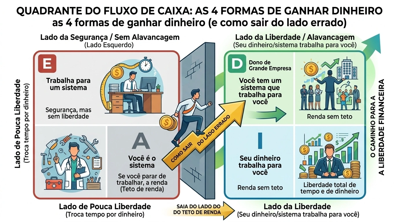 Quadrante dividido em quatro áreas representando as formas de ganhar dinheiro