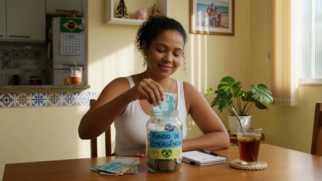 Pessoa guardando dinheiro em pote de reserva de emergência