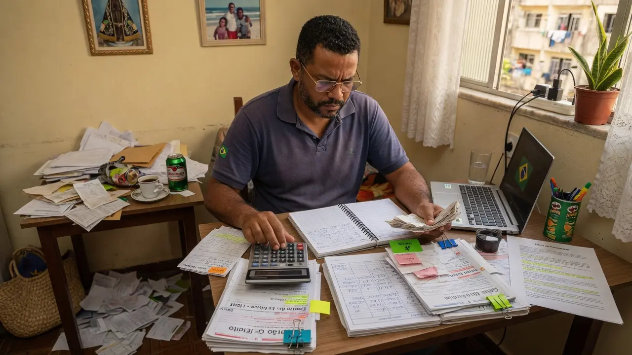 Pessoa organizando dívidas com calculadora e anotações