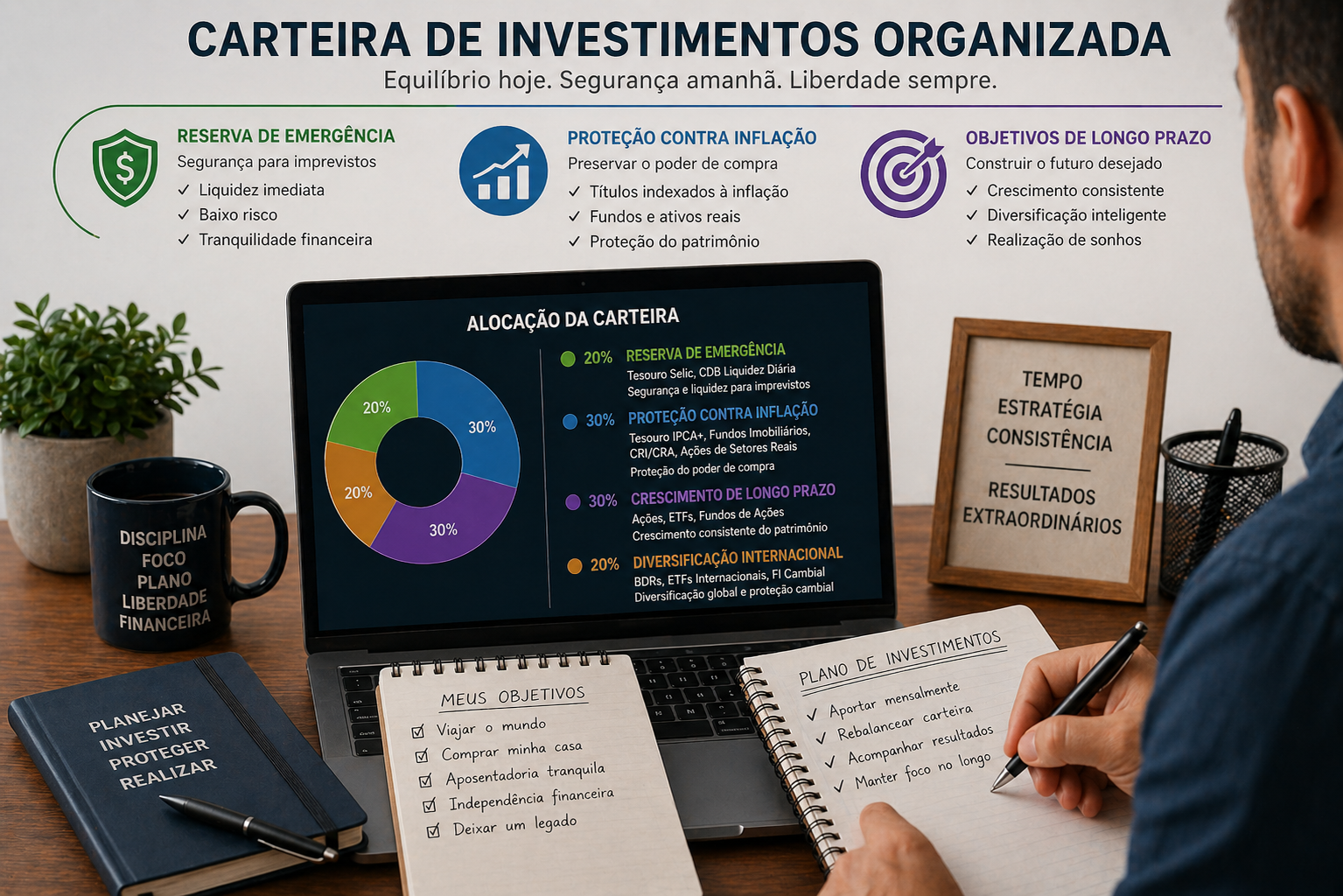 Carteira de investimentos organizada com reserva, proteção contra inflação e objetivos de longo prazo