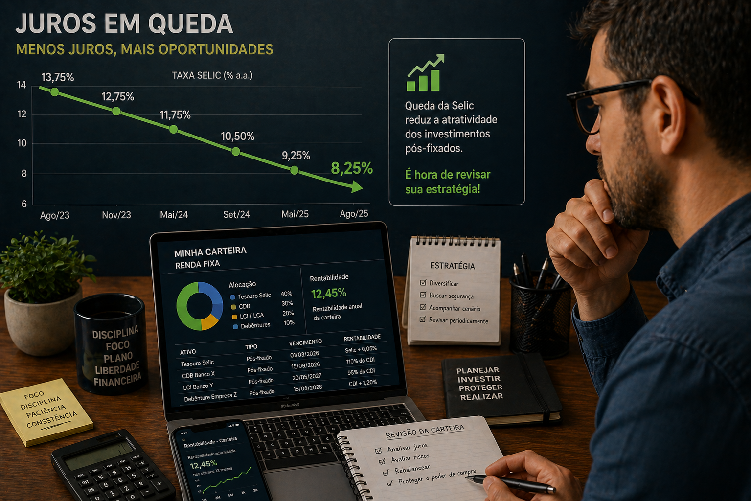 Gráfico de juros em queda com investidor analisando carteira de renda fixa