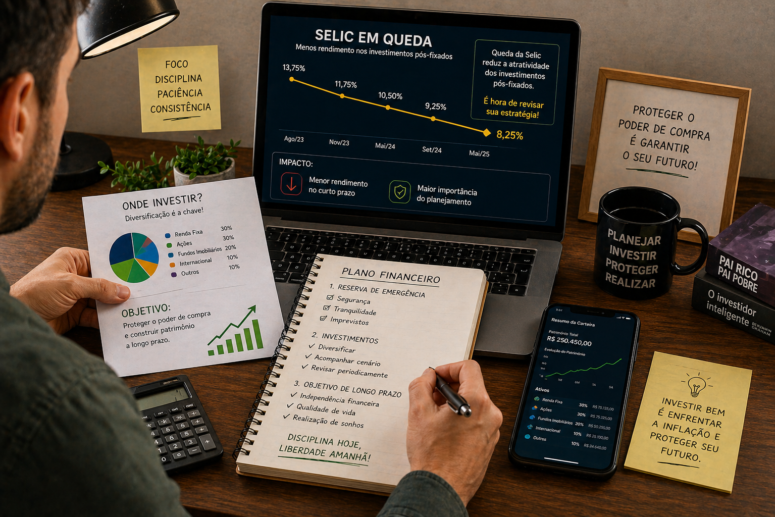 Pessoa analisando investimentos, Selic em queda e planejamento financeiro para proteger o poder de compra