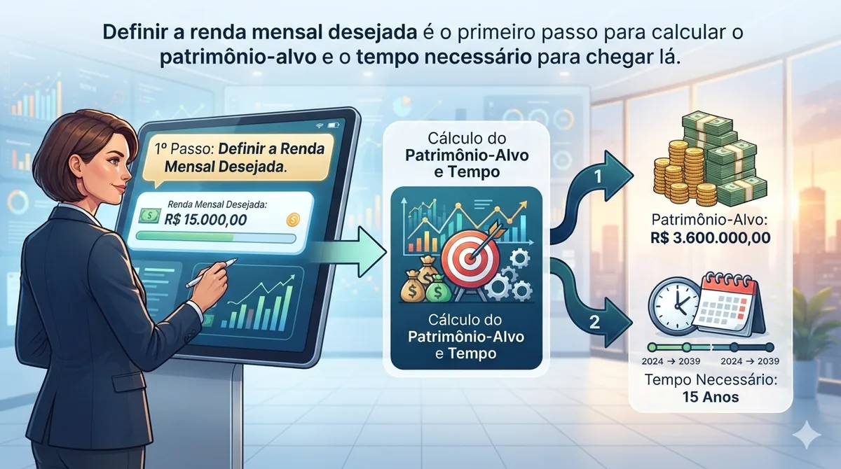 Pessoa calculando quanto tempo falta para viver de renda com planilha e calculadora